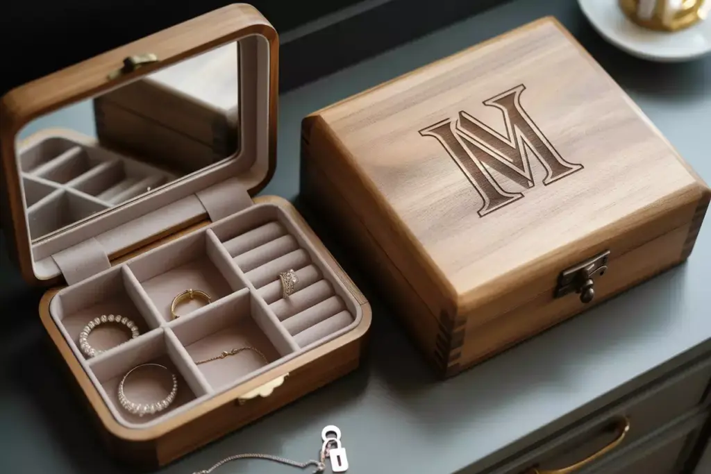 Engraved wooden jewelry box with velvet lining and compartments open