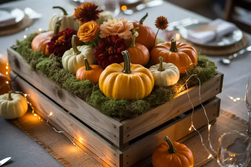 Reclaimed wood crate centerpiece with pumpkins flowers and fairy lights