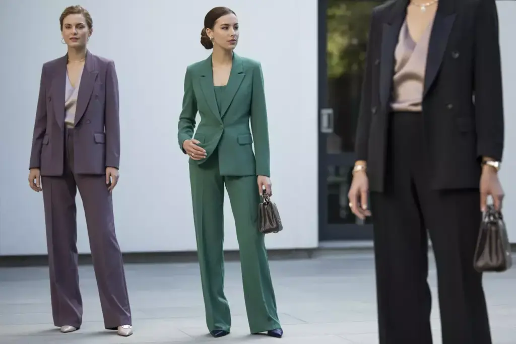 Sophisticated woman in tailored emerald green suit with flats