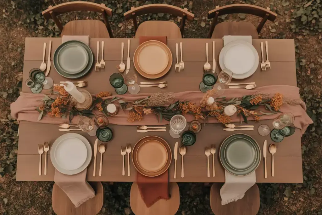 Earthy luxe wedding tablescape terracotta ochre blush sage colors