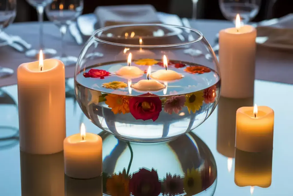 Glass bowl with floating candles flowers and surrounding pillar candles