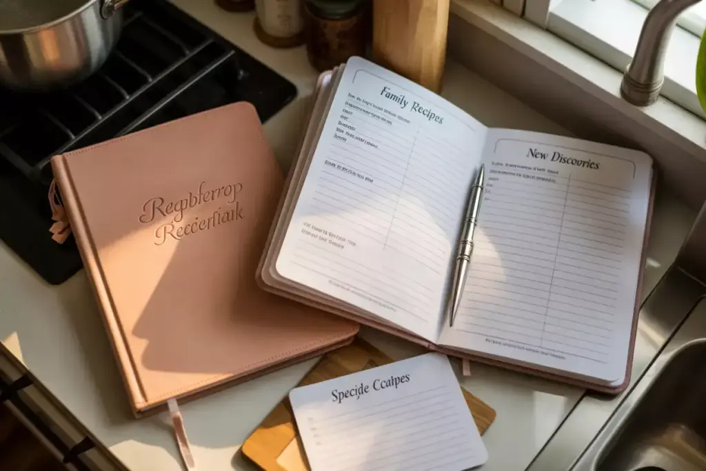 Open personalized recipe journal with handwritten sections on counter