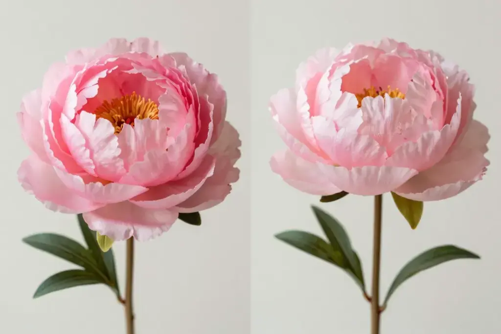 Silk peony versus fresh flower comparison realistic detail