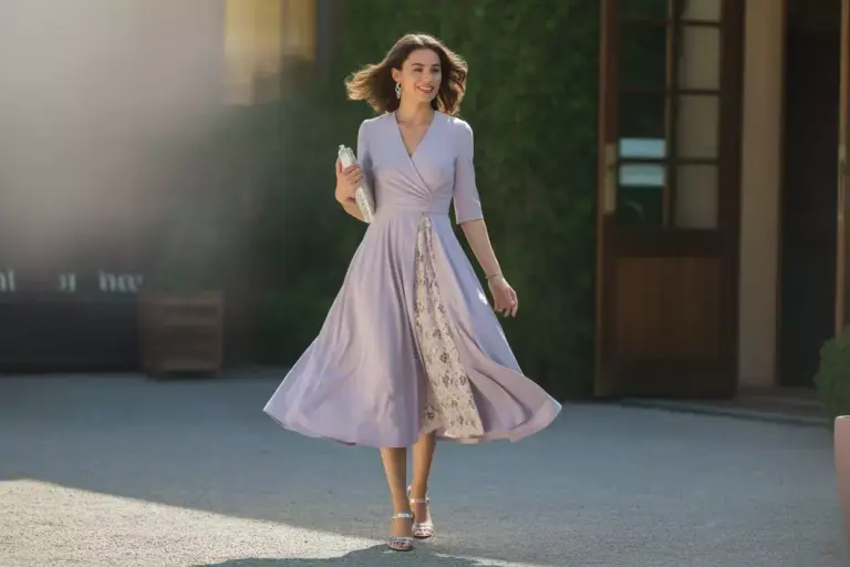 Woman In Lace Panel Midi Dress Walking In Garden Courtyard