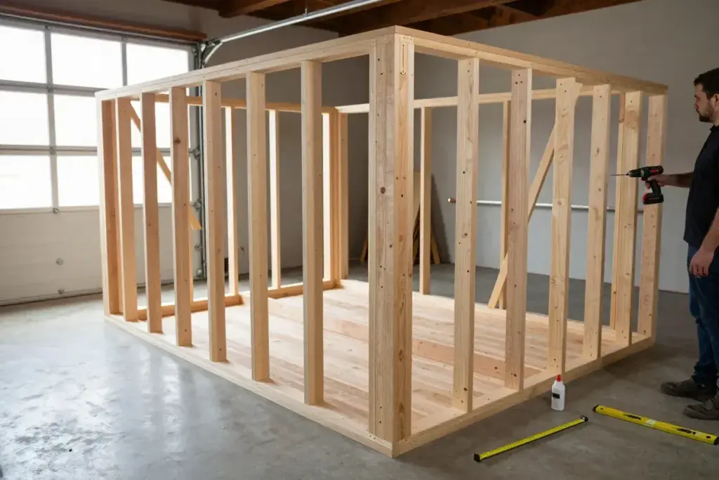 Wooden frame assembly cordless drill corner bracket garage construction