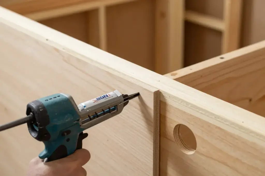 Attaching plywood panel finish nailer construction adhesive frame detail