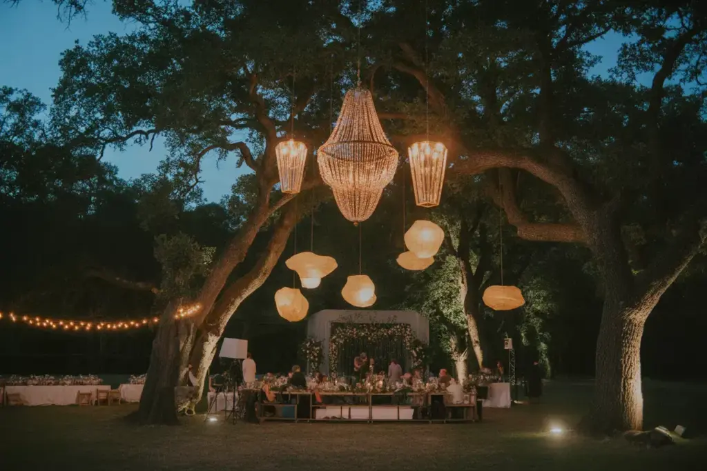 Floating chandelier hanging lanterns illuminate woodland evening reception