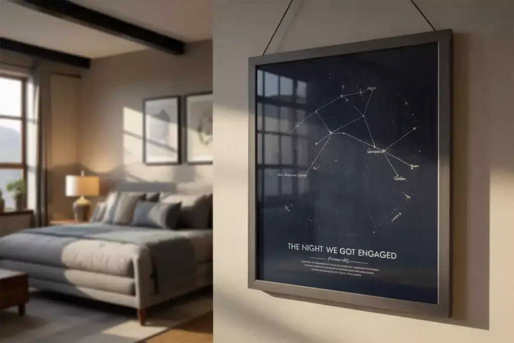 Framed custom star map artwork hanging on a bedroom wall