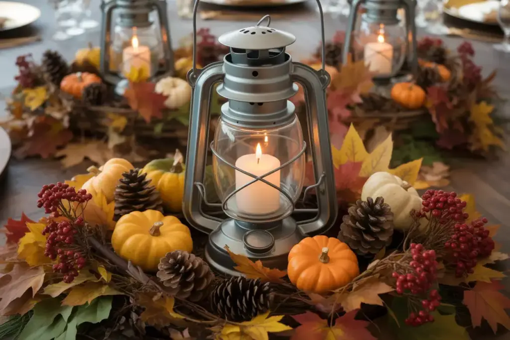 Vintage lantern with fall leaf garland pumpkins and berries