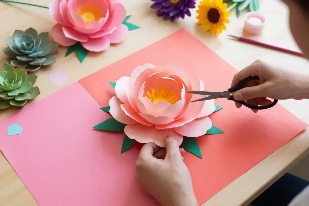 Artisan hands crafting crepe paper peony custom color gradients