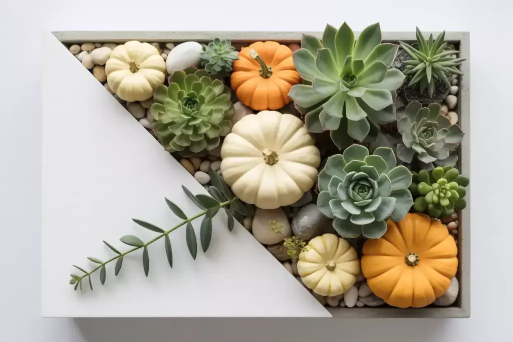 Geometric planter with succulents mini pumpkins and river rocks