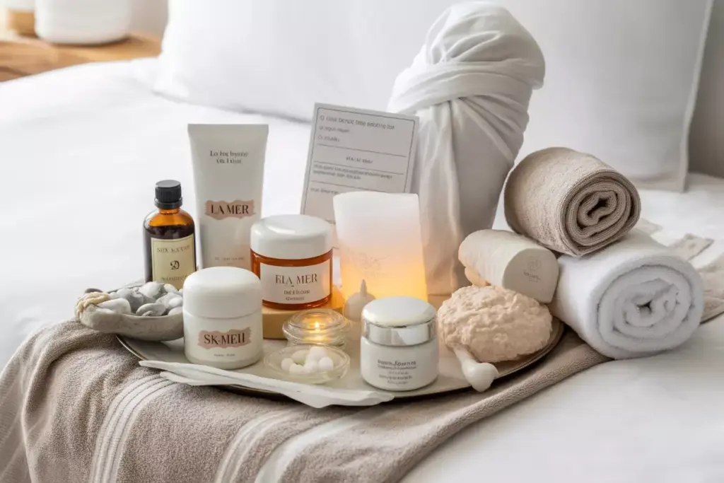 Luxury at home spa package with masks oils and silk accessories