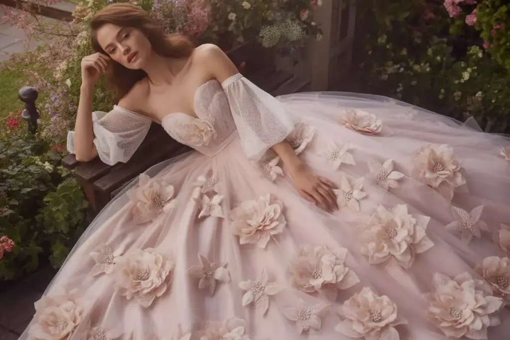 Romantic garden party wedding dress with 3d lace florals and blush tulle skirt