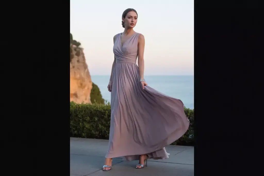 Woman in flowing jewel tone maxi dress at dusk outdoor venue
