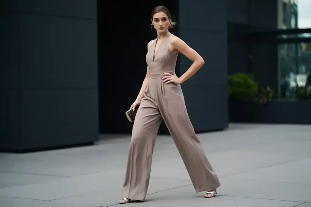 Confident woman in tailored wide leg jumpsuit on modern rooftop