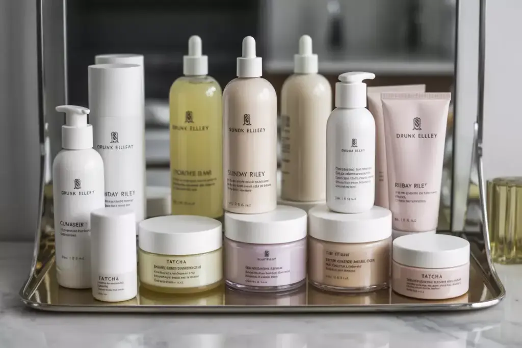 Curated luxury skincare set from drunk elephant on vanity