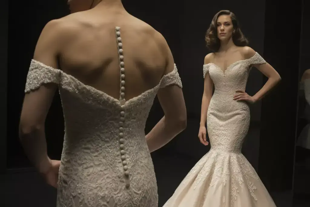 Dramatic venetian lace mermaid wedding dress with crystal embellishments and illusion back