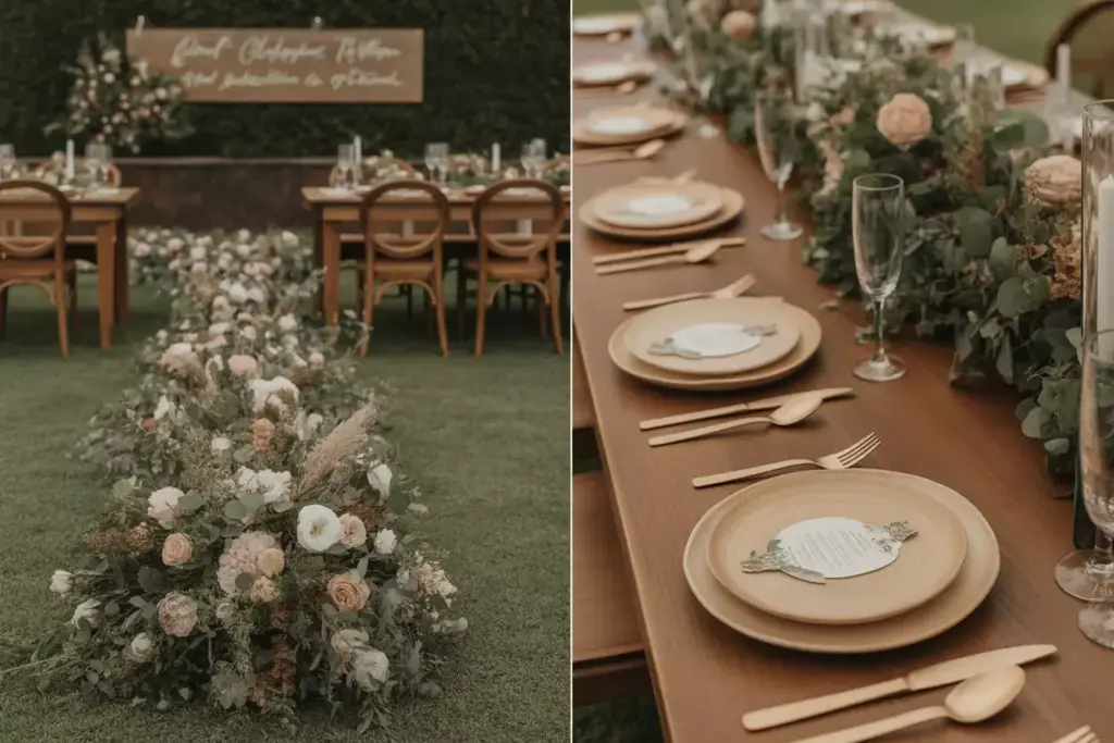 Repurposed floral installation vintage tableware sustainable reception design