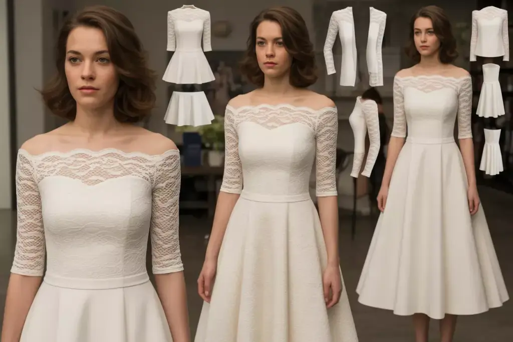 Convertible sleeve wedding dress with mixed lace patterns and tea length option