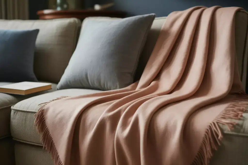 Plush cashmere throw blanket draped over a cozy armchair
