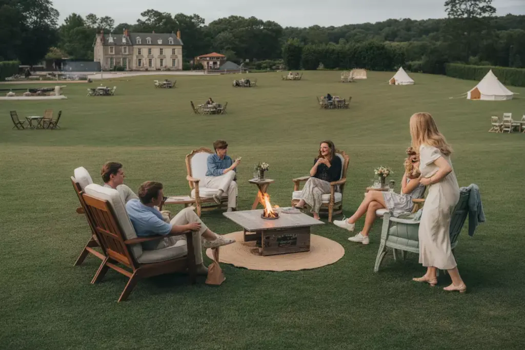 Private estate wedding venue guest cottages lounge fire pit gathering