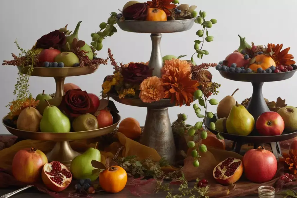 Tiered cake stand with fall fruits flowers and cascading greenery
