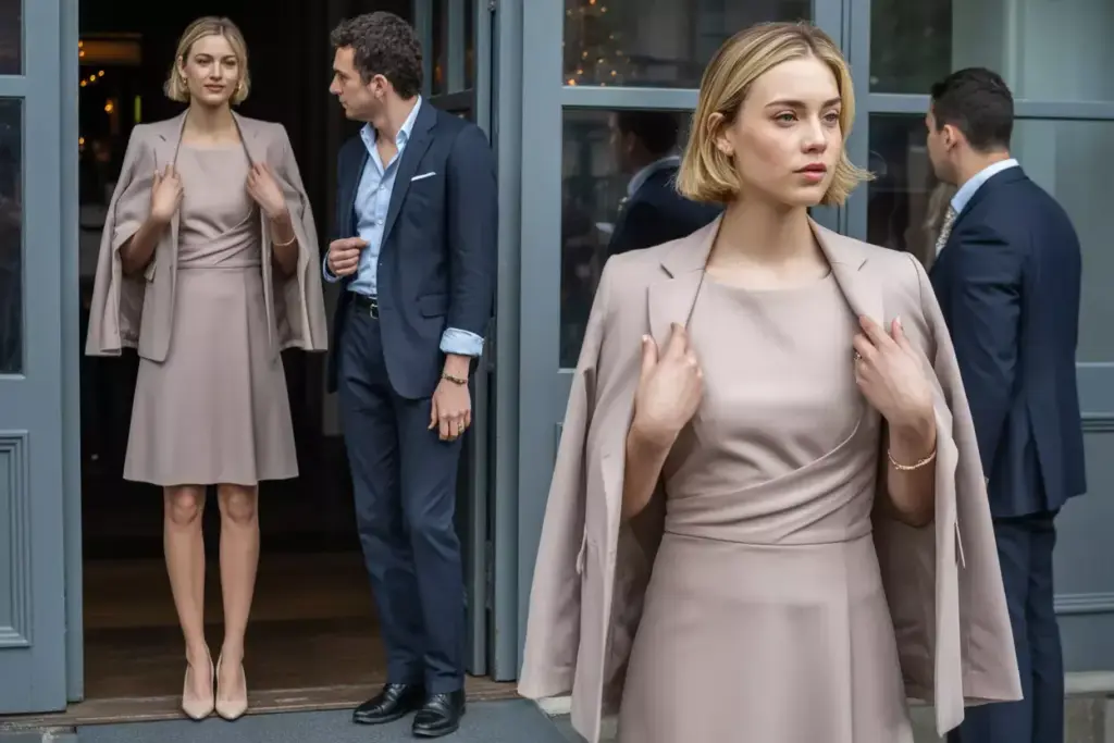 Woman in sheath dress and structured blazer in hotel lounge