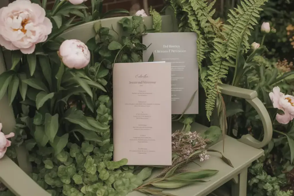 Garden wedding program neutral palette amidst soft floral greenery