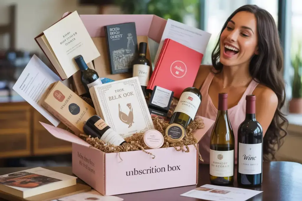 Open book of the month subscription box with novel and goodies