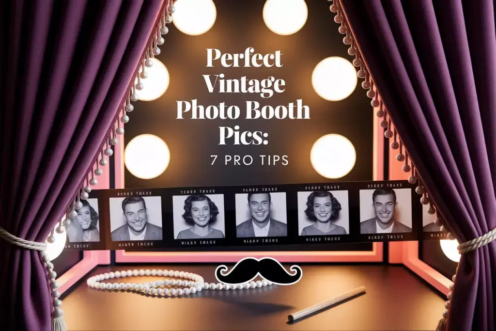 A vintage photo booth interior with film strip and warm glowing bulbs