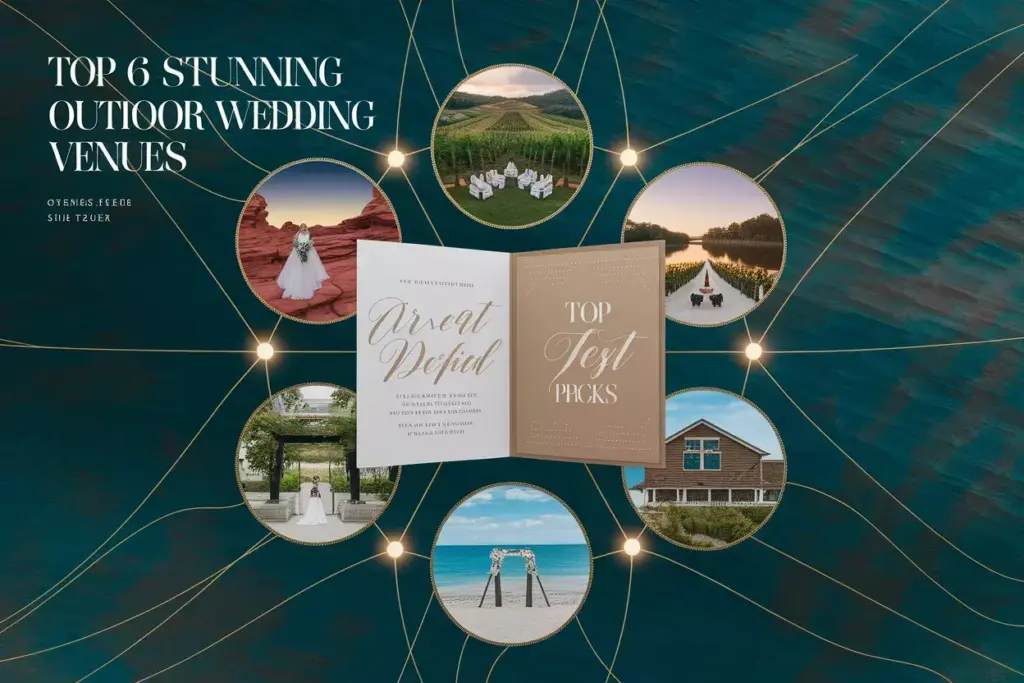 Aerial map six miniature wedding venues radiating from central invitation