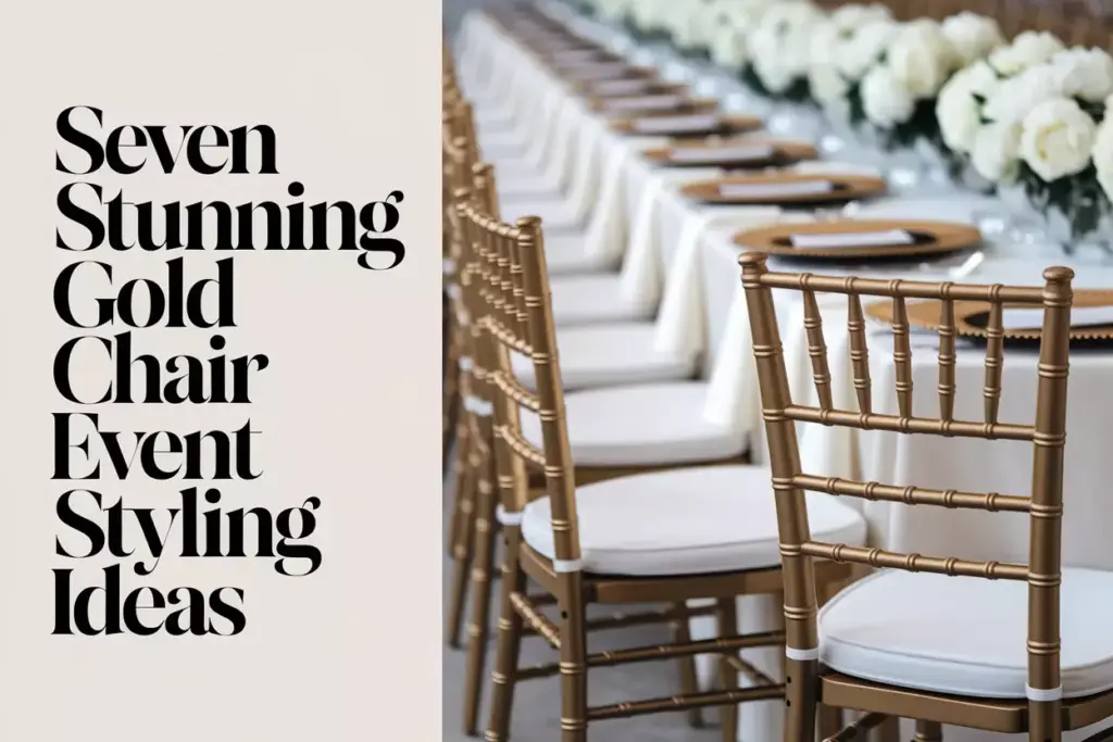 Elegant event setup gold chiavari chairs white cushions luxury styling