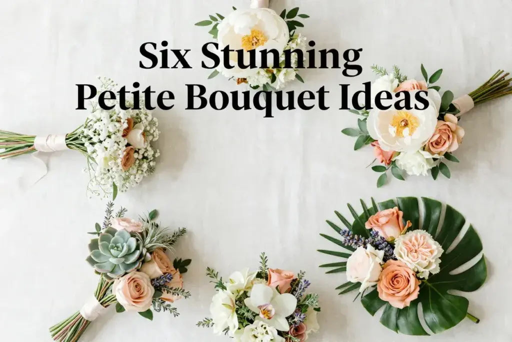 Flat lay of six unique petite bridesmaid bouquet styles on linen