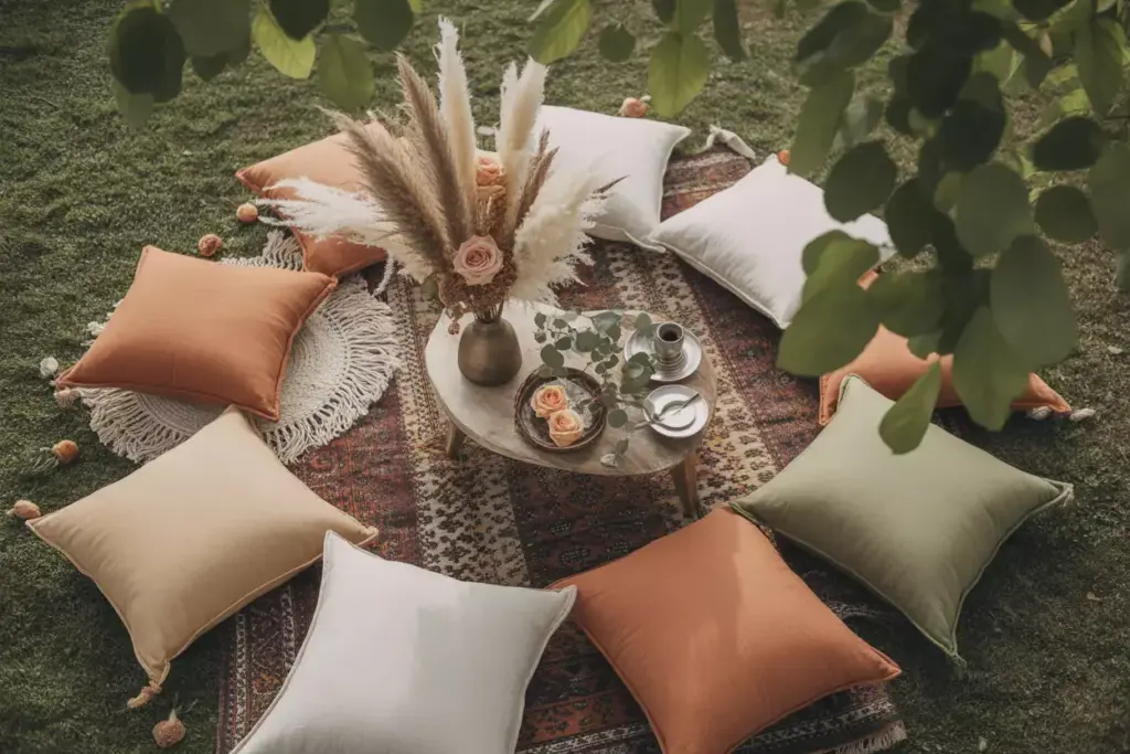 Boho garden party seating with pampas grass macrame and earth tones