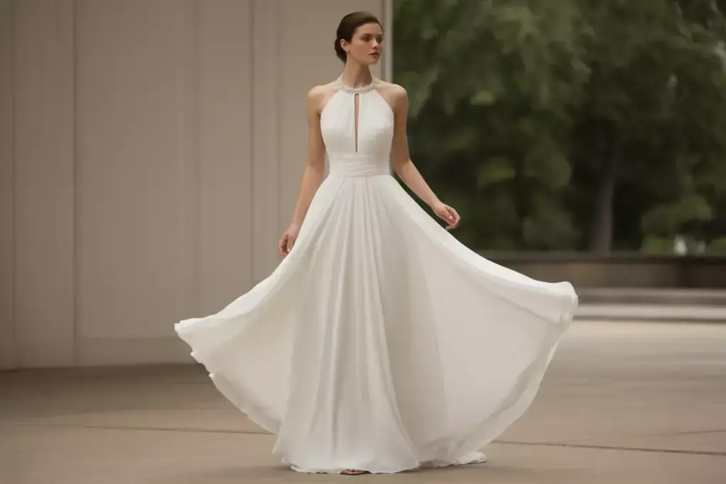 Classic a line chiffon halter wedding dress with keyhole back