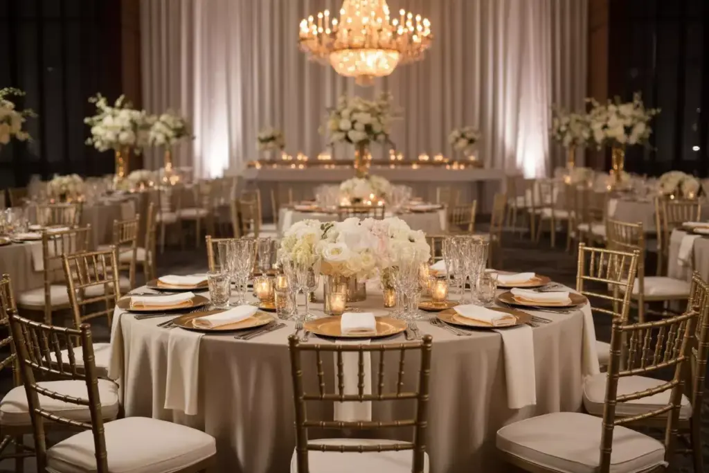 Classic ballroom elegance with gold chiavari chairs and white cushions