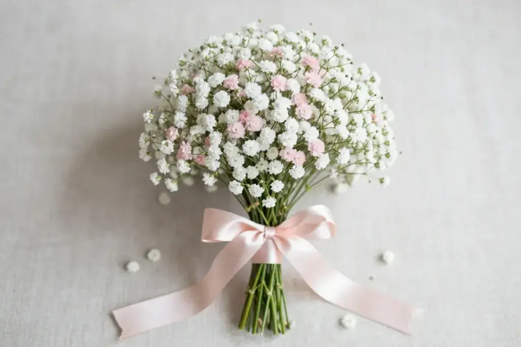 Delicate babys breath posy bouquet with blush ribbon on linen