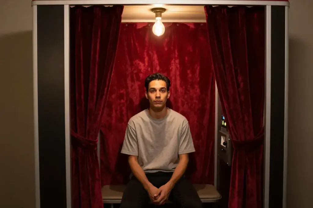 Person optimally positioned facing vintage booth warm incandescent light