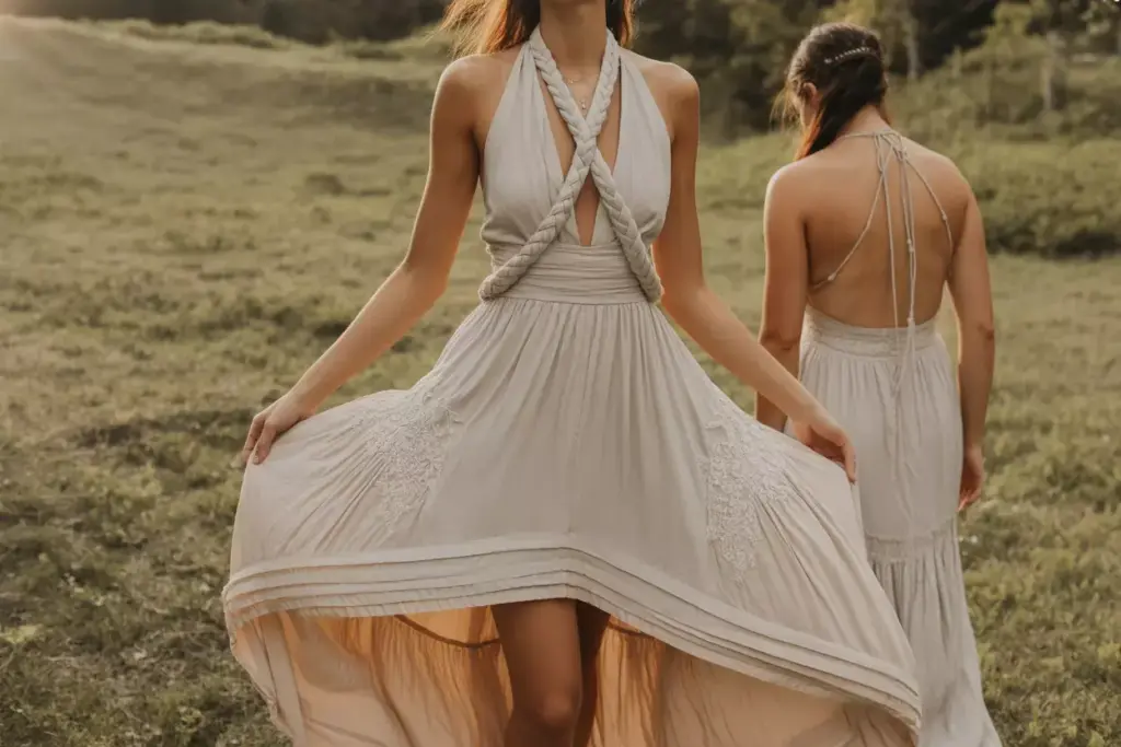 Bohemian chiffon halter dress with braided straps high low hem