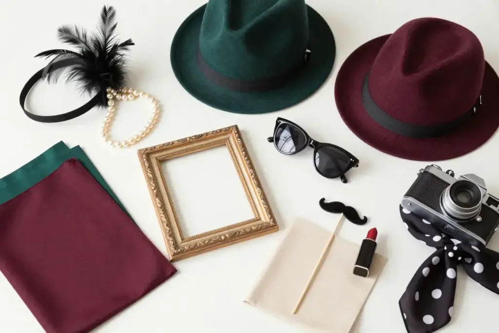 Curated collection era appropriate vintage props color coordinated fabrics