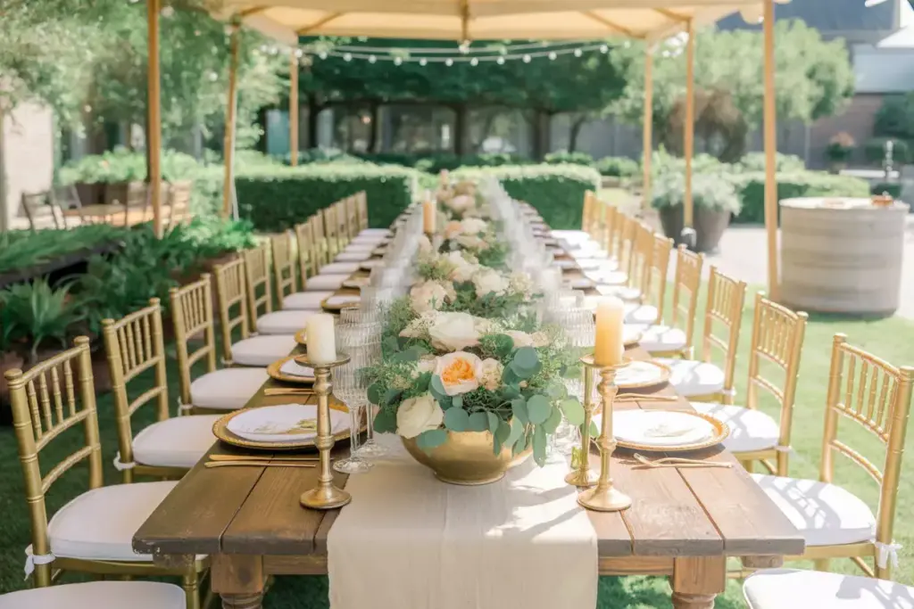 Sophisticated garden party with gold chairs and natural elements