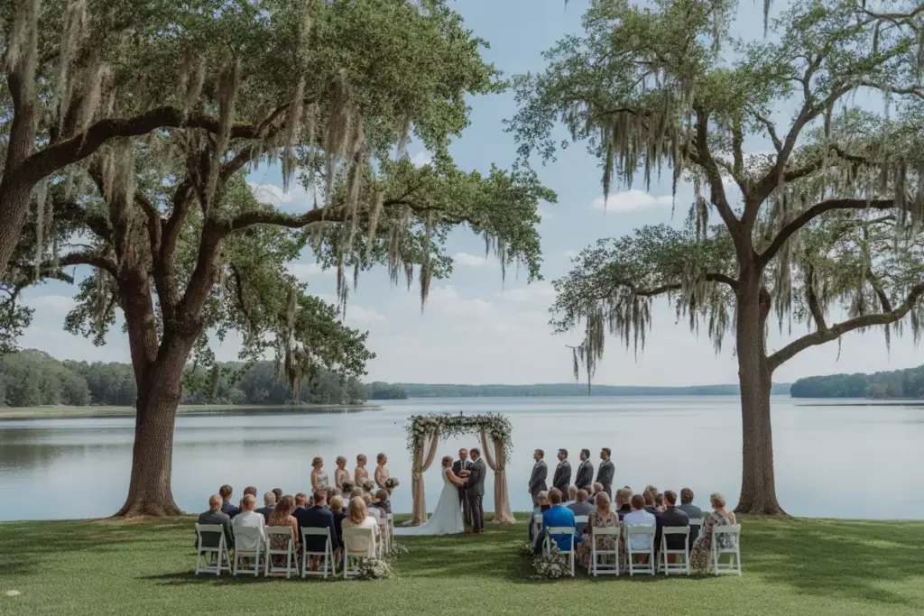 Elegant lakeside wedding under spanish moss draped oak trees