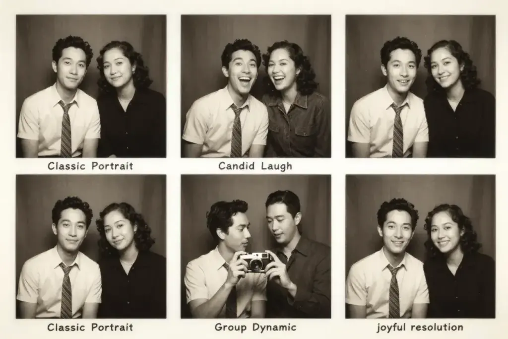 Four frame vintage photo strip showcasing pose expression progression