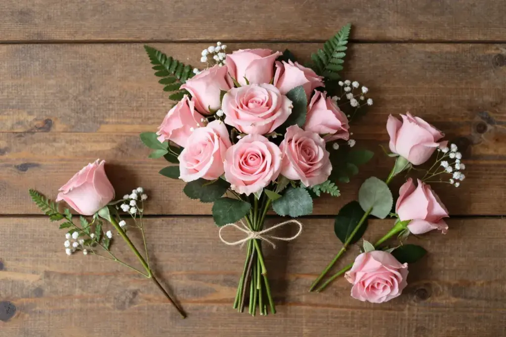 Monochromatic mini rose cluster bouquet with greenery flatlay
