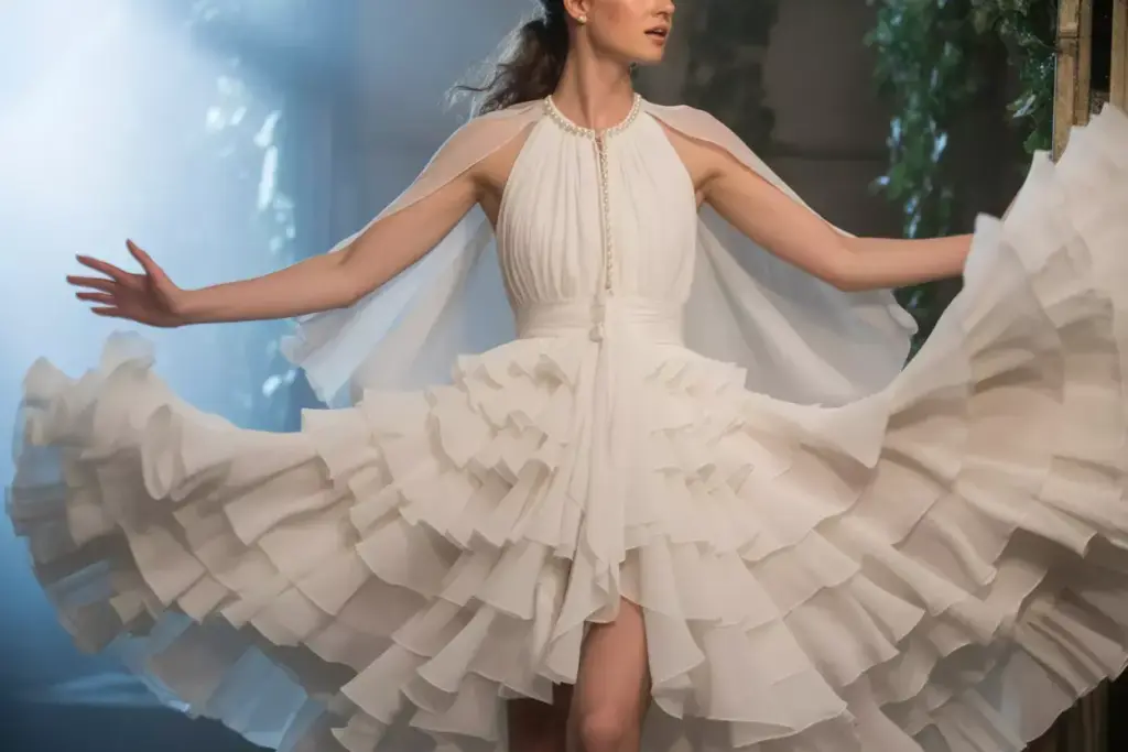 Romantic tiered ruffle chiffon halter dress cape back