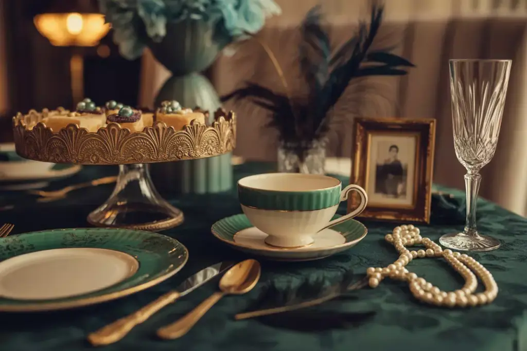 Vintage glamour tablescape with art deco jewel tones and gold