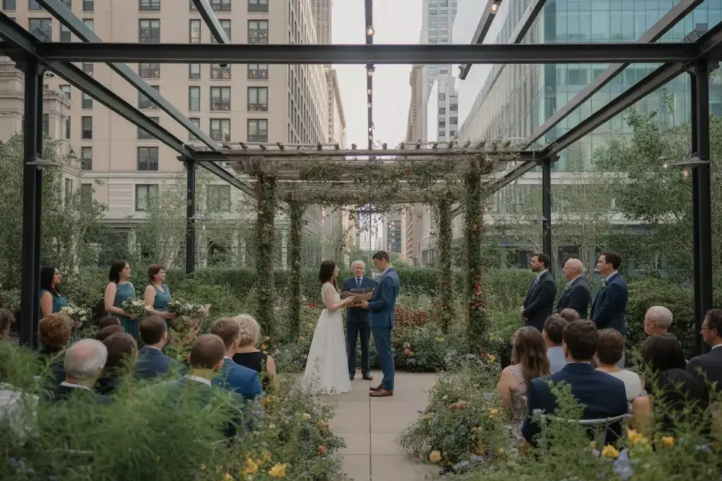 Wedding ceremony under pergola in lush urban garden courtyard chicago