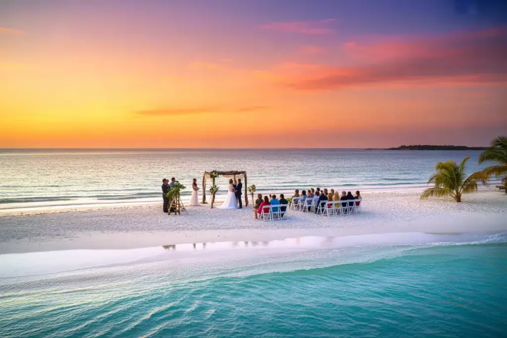 Beach wedding ceremony at sunset on white sand florida keys