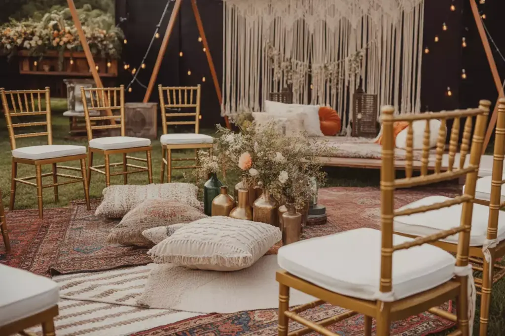 Bohemian luxury setting with gold chairs and macrame