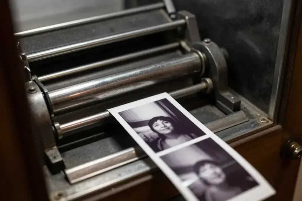 Closeup chemical booth mechanism emerging high quality film strip